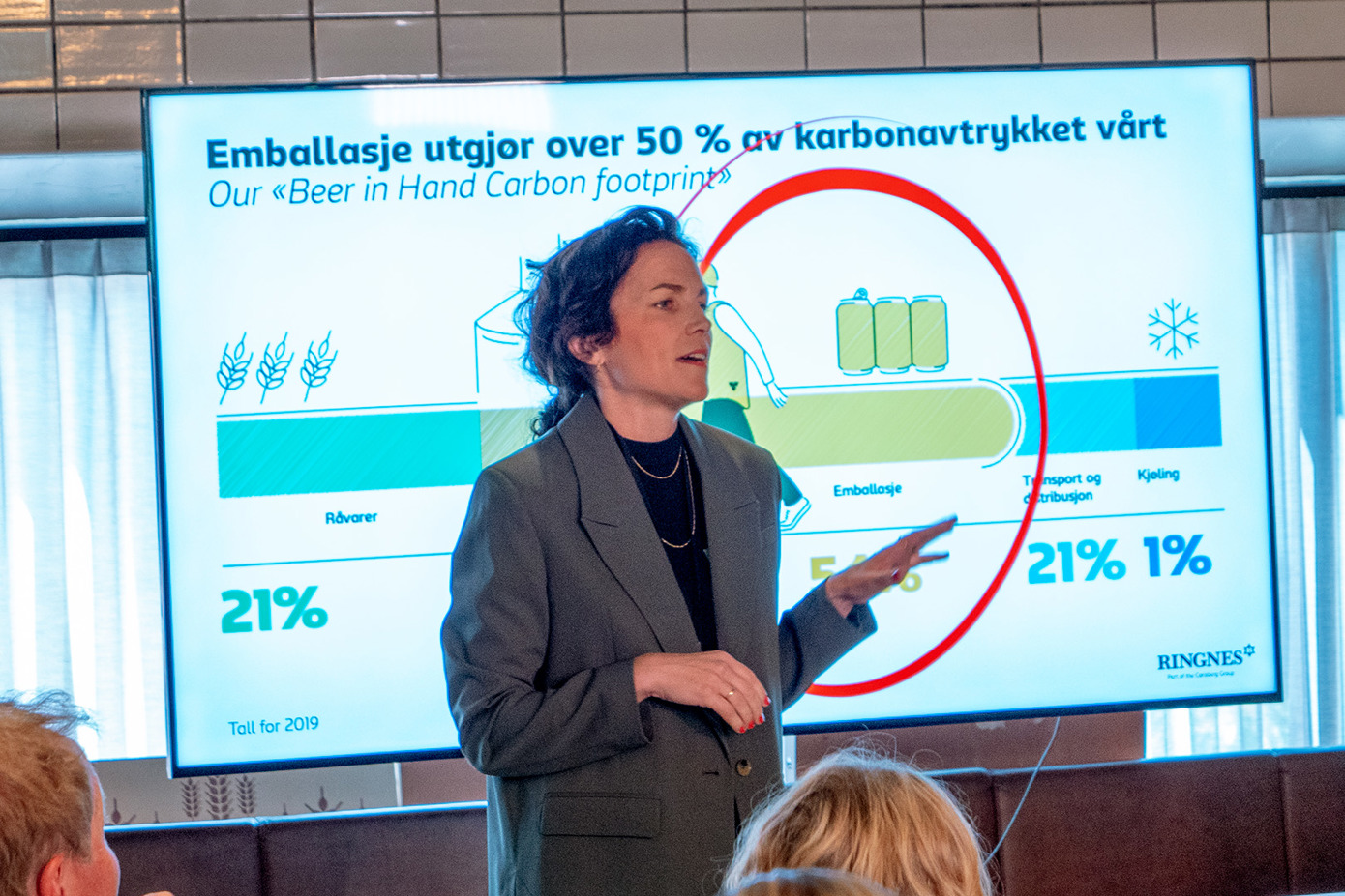 Kommunikasjonsdirektør Johanna Ellefsen Rostad presenterer Ringnes' emballasjerapport.